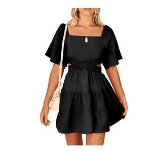 Shy velvet puffy sleeves Cotton Chic Black Mini Dress with Puff Sleeves